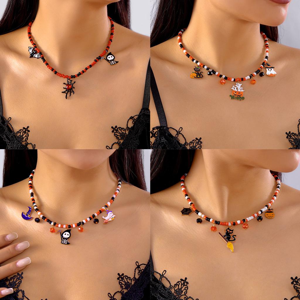 Halloween Colorful Rice Beads Chain Necklace for Women Men Black Cat Spider Bat Pumpkin Ghost Pendant Choker Clavicle Jewelry