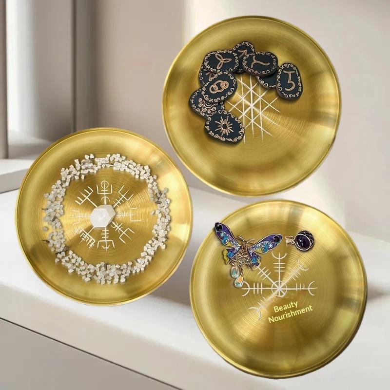 14cm Stainless Steel Plate Candlestick Ceremonial Ornament Engraving Plate Nordic Compass Crystal Storage Round Plate