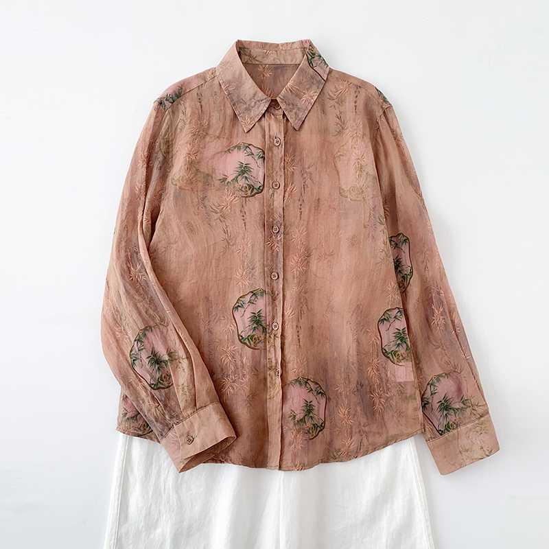 Ink Printed Long Sleeved Shirt Retro Artistic Loose Fit Baita Chinese Style Shirt Top for Women Shirt