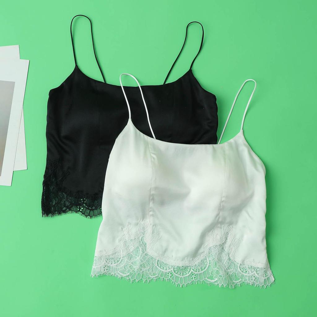 Silk Satin Mulberry Strap Top with Padded Bustier Bandeau Bra and Lace for Women