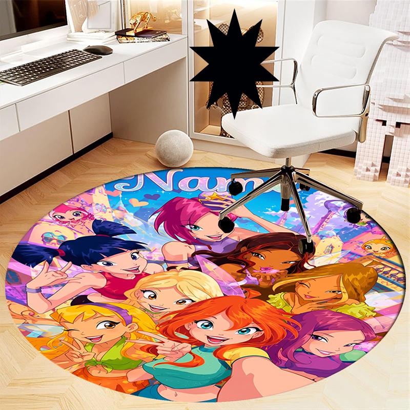 Custom Name Winx Club Printed Round Rug Carpet Chair Rug Area Rug Entryway Doormats,for Office Chair Living Room Bedroom Kitchen Room.