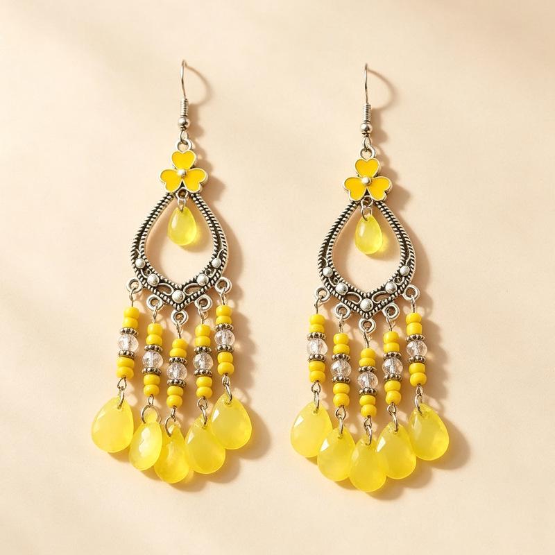 Bohemian Crystal Tassel Earrings - Ethnic Style, Slim Face, Exaggerated Design for Travel