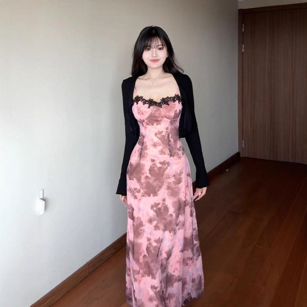 Pure Desire Lace Splicing Tie-dye Suspender Dress Set Women's Summer Thin Sunscreen Cardigan Sweet and Spicy Waist Dress