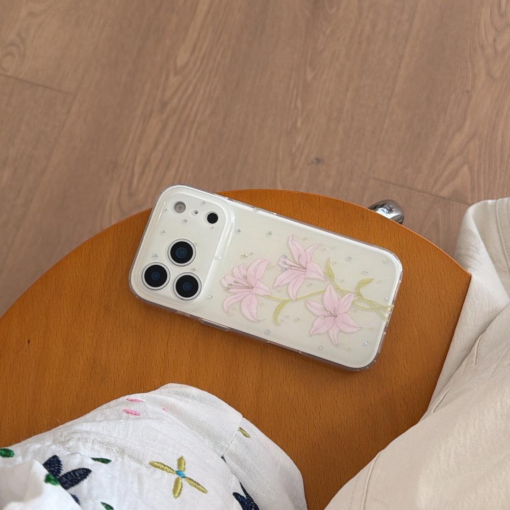 Korean Style Ins Cute Soft Crystal Lily Flower Phone Case for iPhone 17ProMax 15 16Pro 14 Full Coverage Double Layer High Value