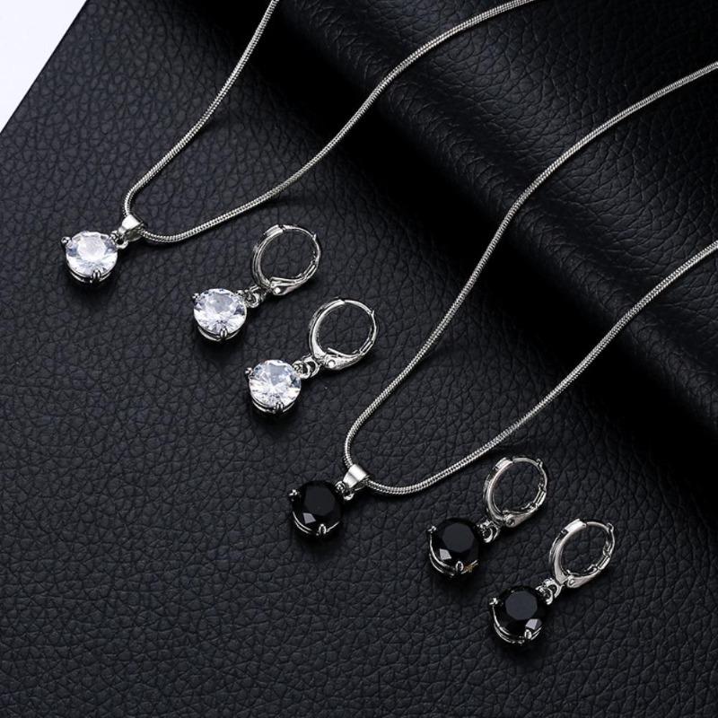 Damen-Schmuckset mit rundem Zirkonia-Anhänger, Kette, Halskette, Creolen und Ohrringen