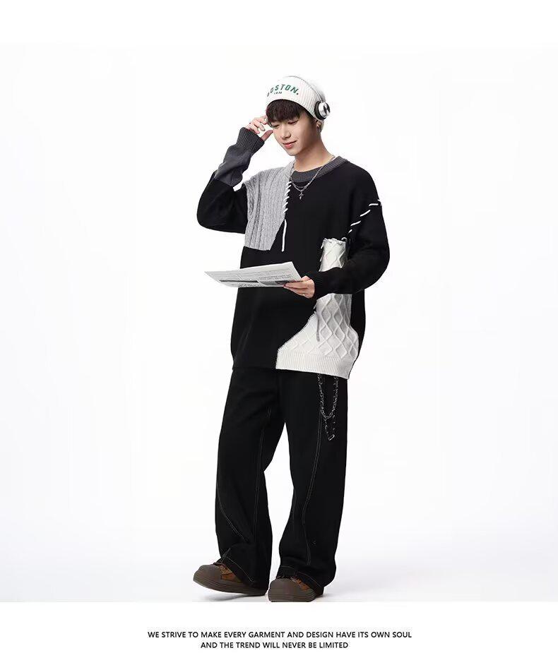 Men's Patchwork Color Block Sweater - Winter Casual Loose Fit Knitwear with Personality Design