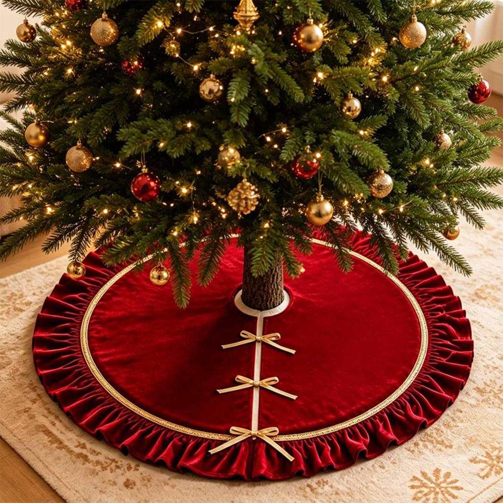 Christmas Tree Skirt with Gold Trim Ruched for Living Room, Hotel Lobby
