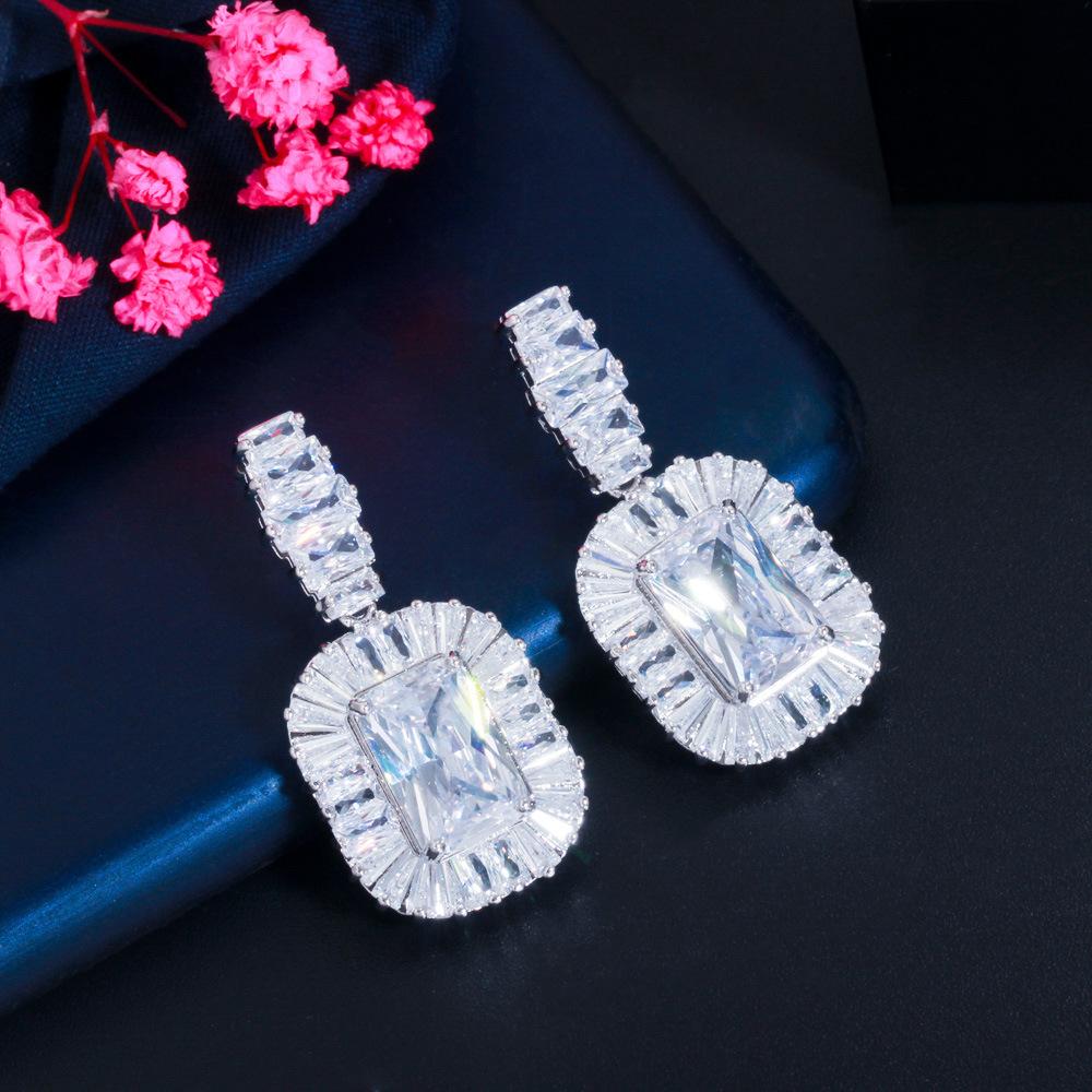T Square Zircon Necklace Earrings Bracelet Set Bridal Jewelry Dress Accessories Three-Piece Set