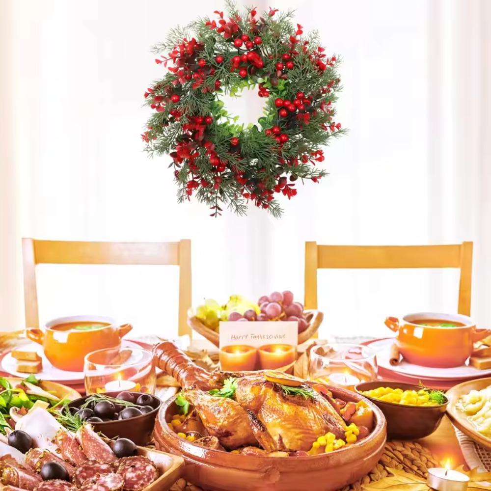 Simulation Leaf Red Berries Wreath Artificial Christmas Hanging Pendant Eucalyptus Garland Porch