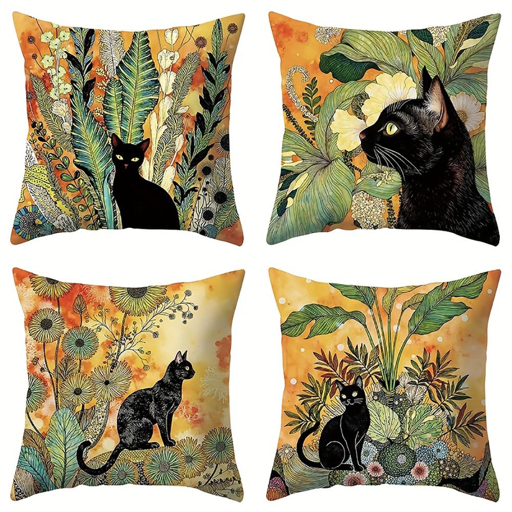1/4pcs Black Cat & Floral Leaf Print Pillowcases Sofa cushion cover home bedroom room decoration