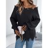 Women's Knitted Sweater for Autumn/Winter Solid Colour Lace-Up Long Sleeves Ragged Hem Off-Shoulder Pullover Loose-Fit Top