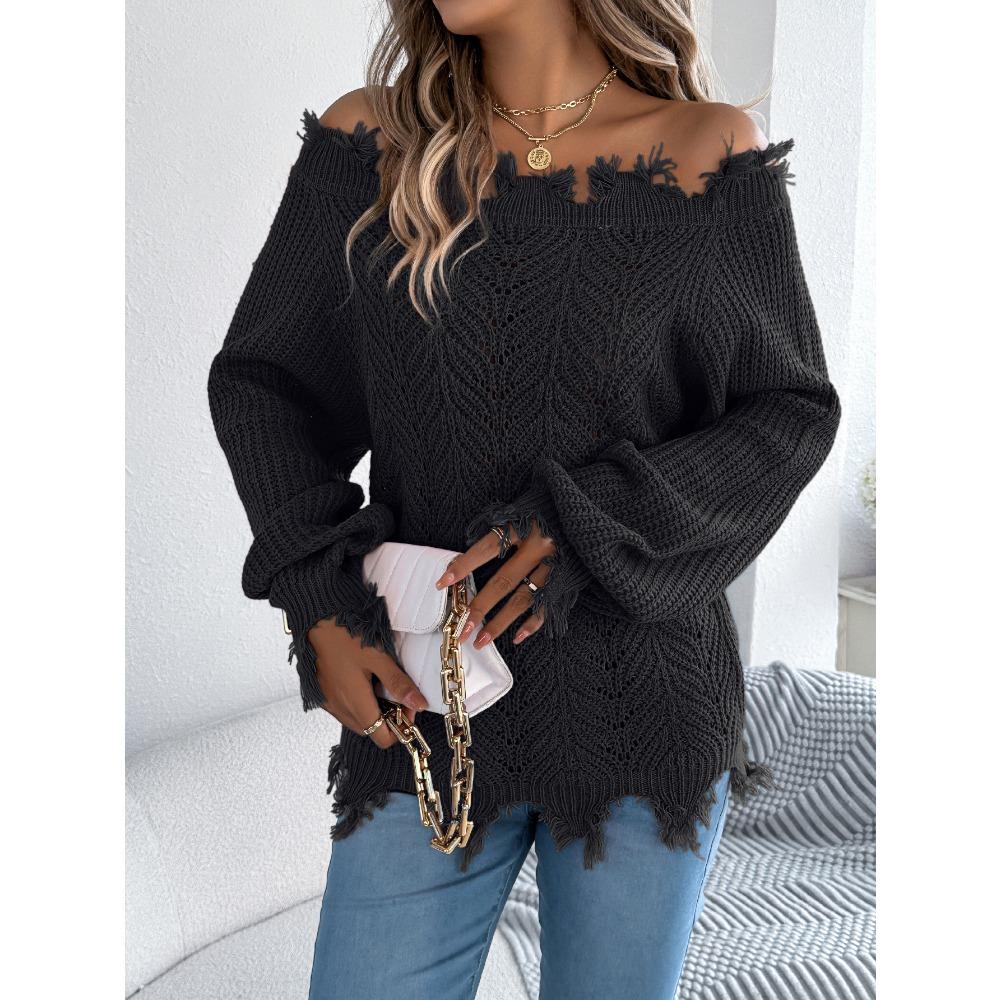 Women's Knitted Sweater for Autumn/Winter Solid Colour Lace-Up Long Sleeves Ragged Hem Off-Shoulder Pullover Loose-Fit Top