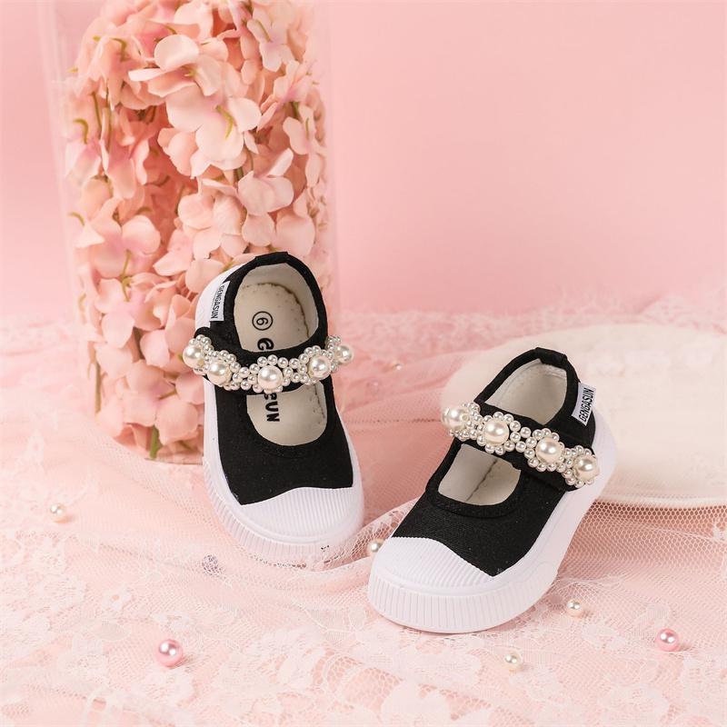 Baby Children Casual Canvas Shoes Girls Soft-Soled Non-Slip Sneakers Breathable Solid Color Imitation Pearl Kids Shoes