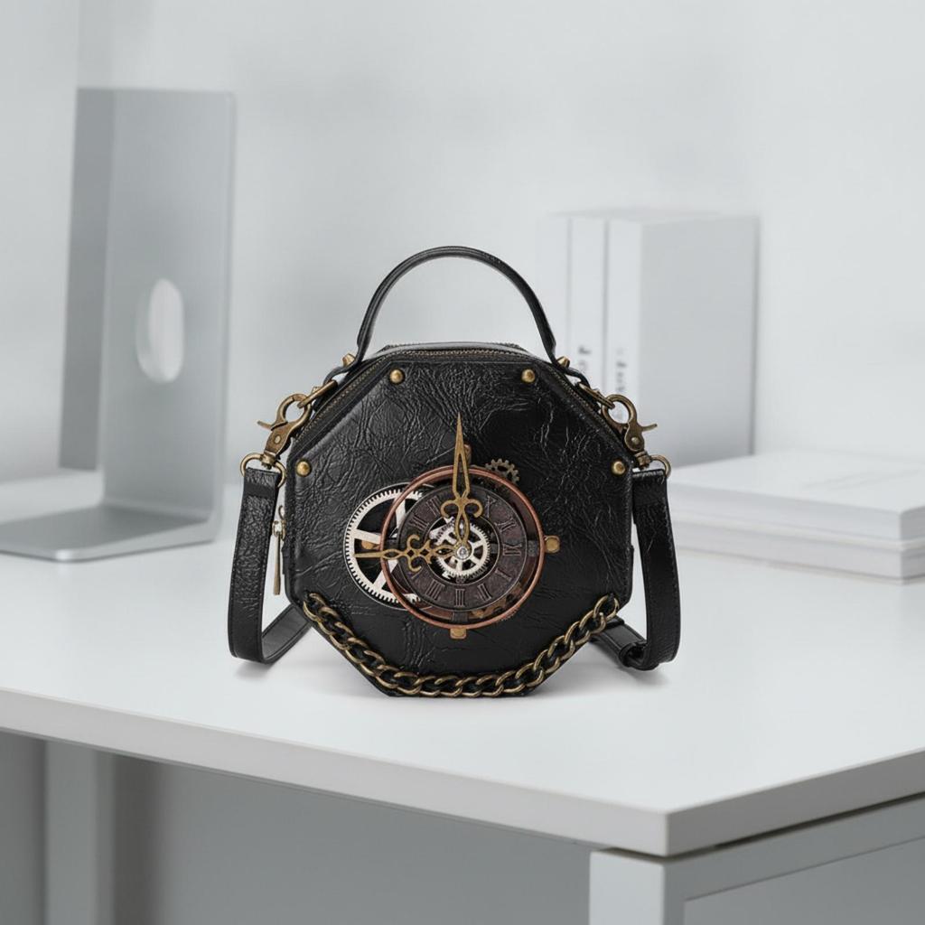 Steampunk Shoulder Bag with Clock Face Retro PU Crossbody Chain Trim