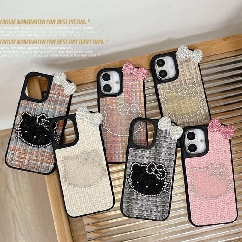 Rhinestone Kt Cat Mobile Phone Case Is Suitable For Apple 17 Leather Pattern Iphone16Promax Bow Tie 15 Women'S Anti-Drop.