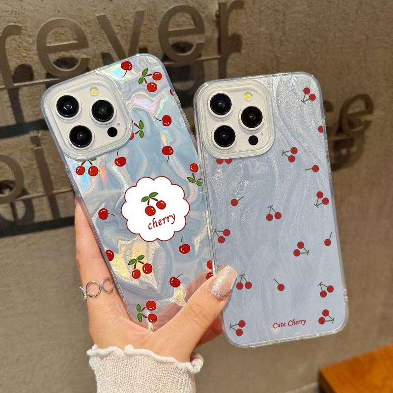 Little Cherry Print Luxury Glitter Case For iPhone 16 Pro Max 15 Pro 14 13 12 11 Hybrid TPU PC Clear Shockproof Slim Phone Cover