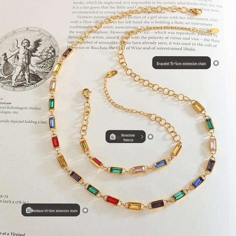 Colorful Retro Rhinestone Patchwork Necklace & Colorfast Bracelet - Simple Titanium Steel Dopamine Jewelry