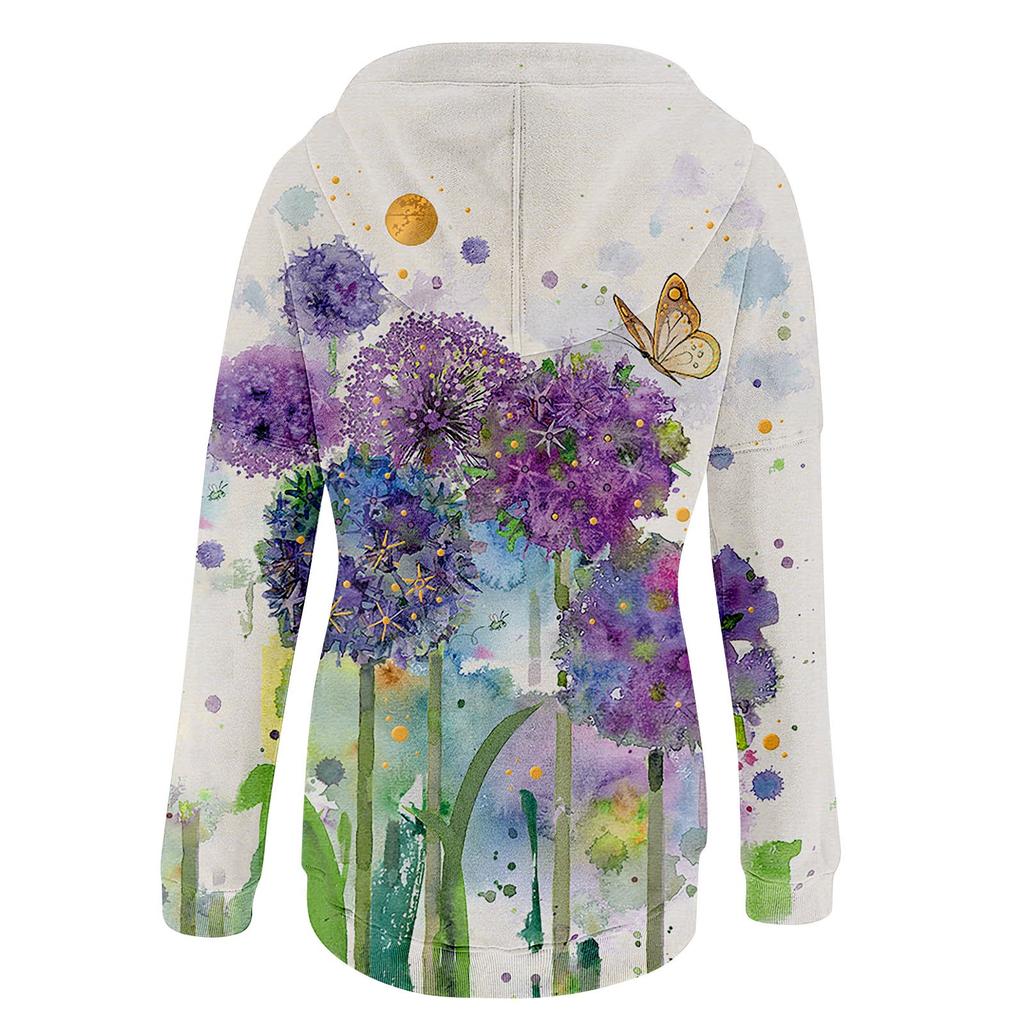Dámská ležérní móda svetr s dlouhým rukávem a kapucí s květinovým potiskem