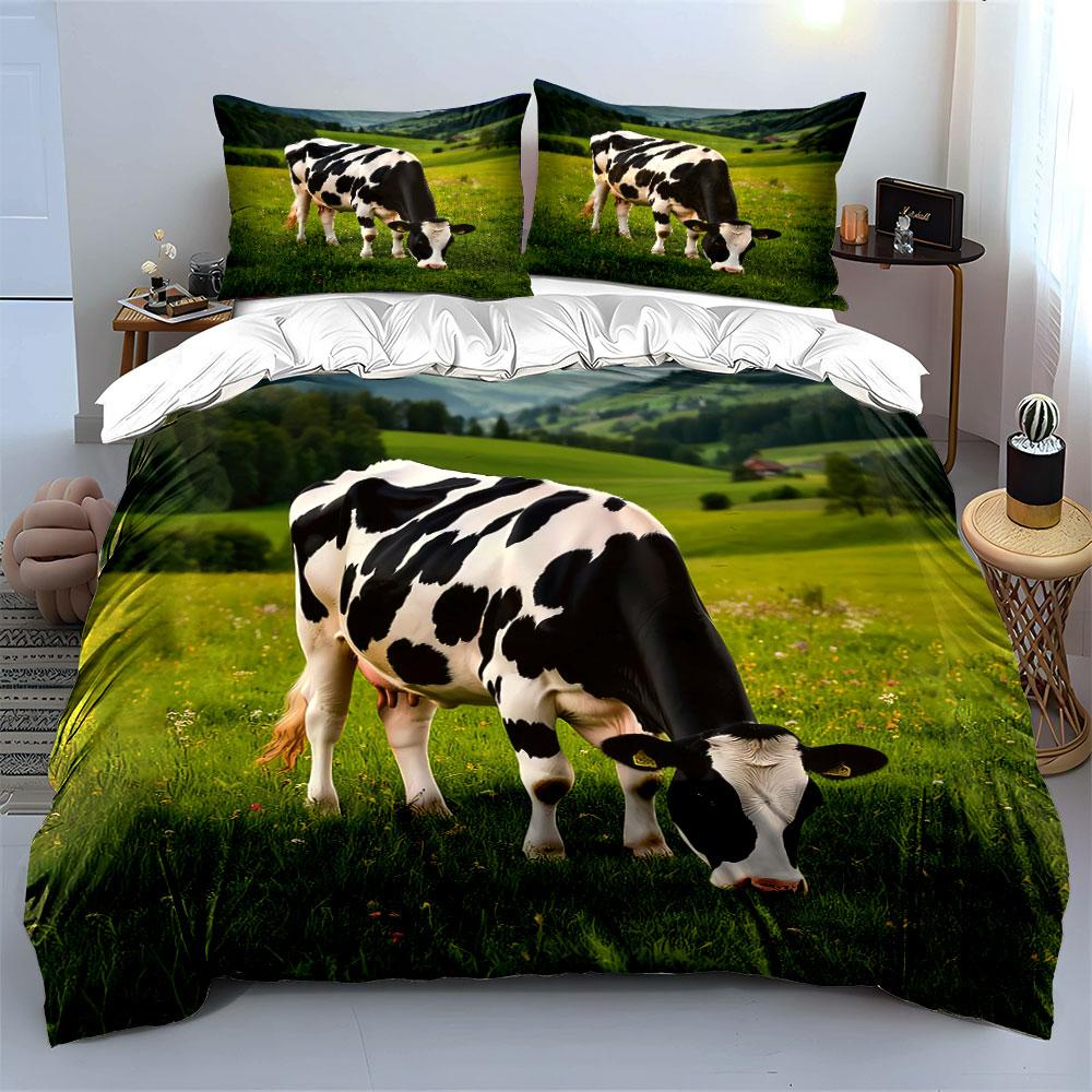 Black and White Cow on Meadow Bedding Duvet Cover Set Duvet Cover Pillowcases (1*Duvet Cover 2*Pillowcases, without duvet insert)
