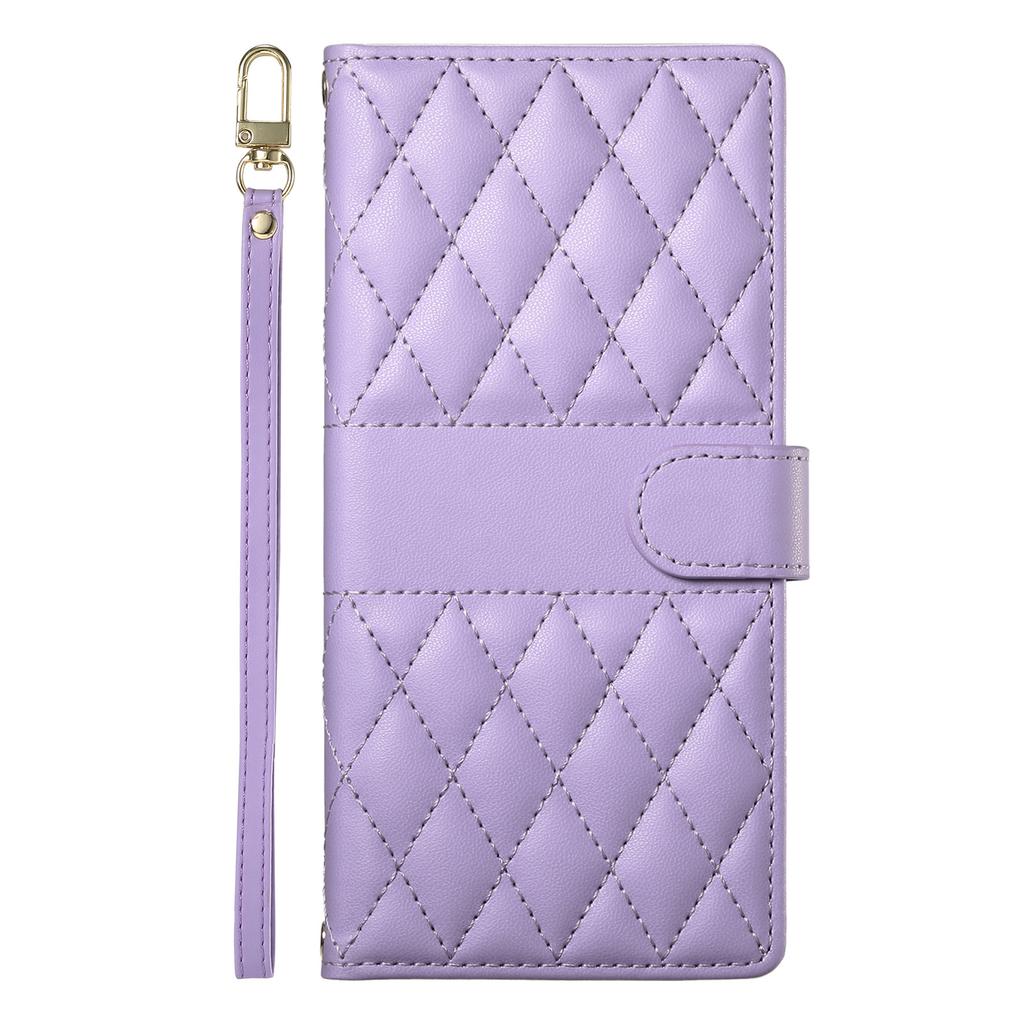 For iPhone 16e Case Rhombus Stitching Wallet Stand Leather Phone Cover with Long/Short Strap