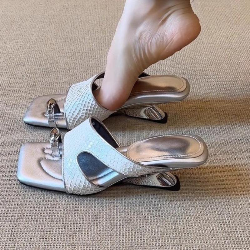 Fashion 2025 New Special Heel Slippers Women's Summer New Square Toe Open Toe Metal Cover Toe Cutout Non-Slip Flip Flops