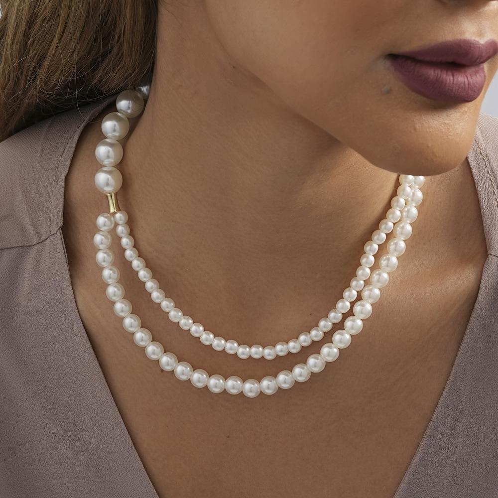 

Double Layer Beautiful Pearl Necklace For Women Fashionable Geometric Design In White Color