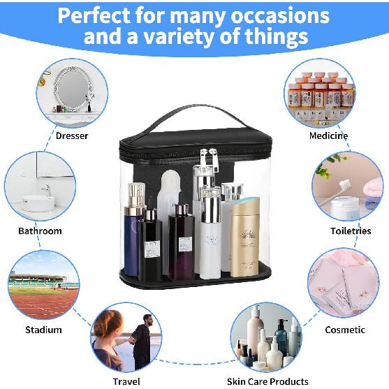 Heavy Duty Leak Proof Clear Travel Bags for Toiletries, Transparent Makeup Cosmetic Bag with Zipper and Handle (Large, Black)