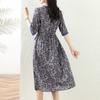 Cotton and linen printed dress women's summer temperament lace-up loose and thin medium and long dress