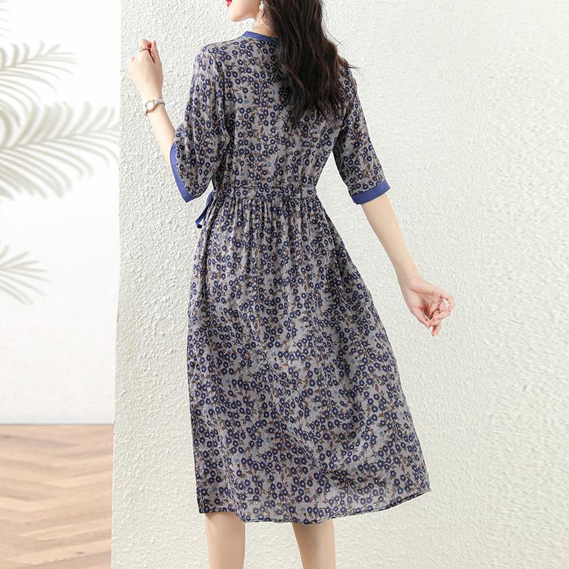 Cotton and linen printed dress women's summer temperament lace-up loose and thin medium and long dress