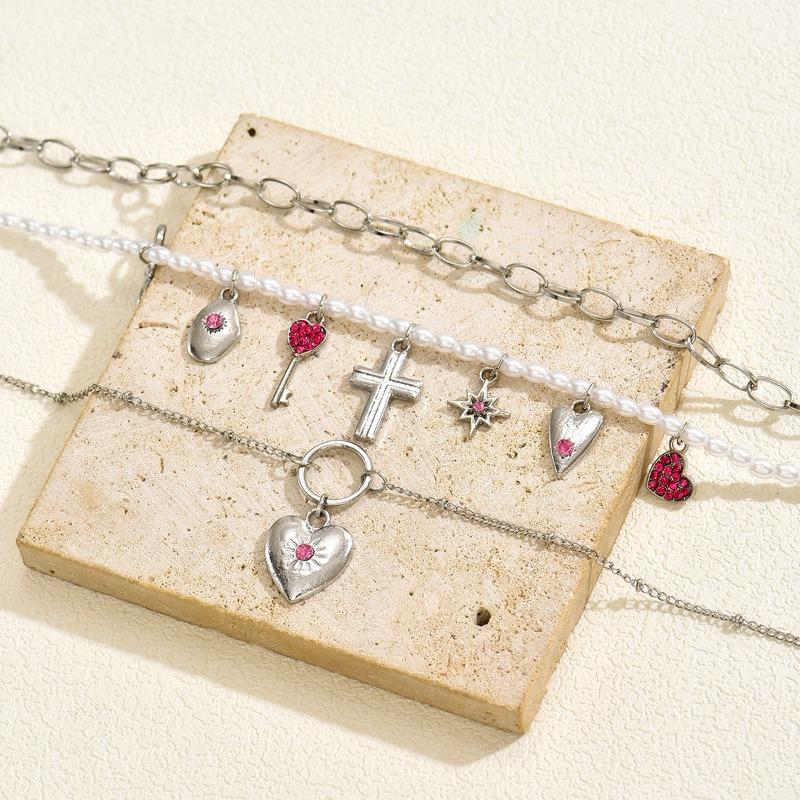 Imitation Pearl Bow Love Necklace Fashion Sweet and Cool Spice Girl Cross Pendant Accessories