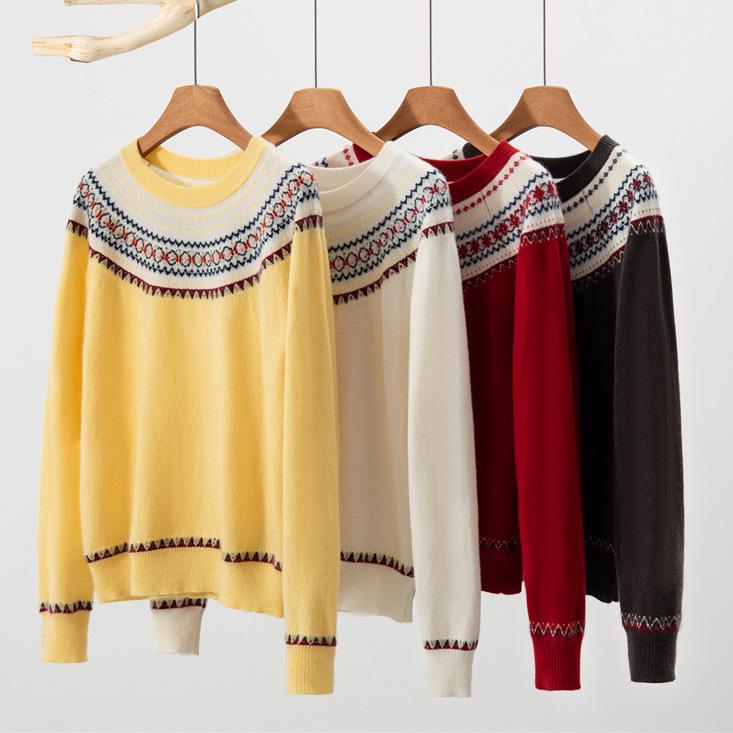 Women's 100% Cashmere Jacquard Sweater: Autumn/Winter Loose Round Neck Knitwear