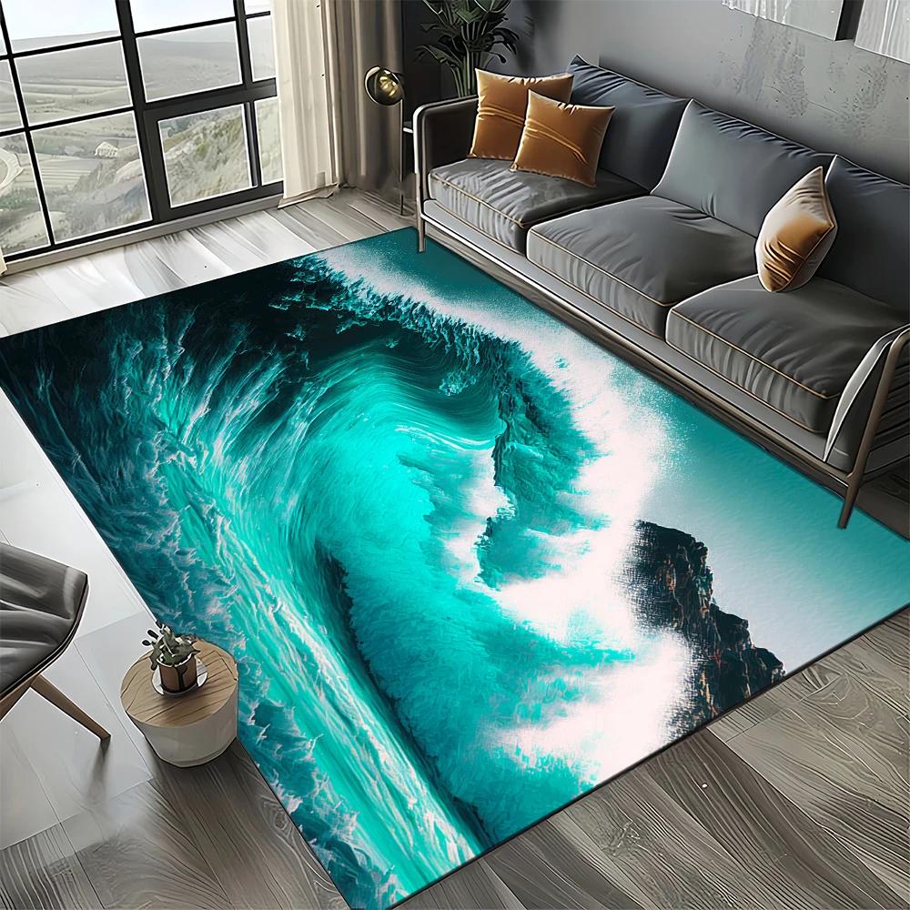 2025 New Style Blue Green Sea Wave Seawater Nature 3D Carpet Rug for Living Room Bedroom Home Sofa Decoration,Non-slip Floor Mat