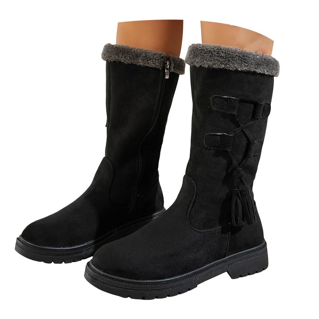 Women's Fashionable Casual Fleece Lined Thick Warm Versatile Everyday Mid Calf Boots Leather Boots for Women Mid Calf