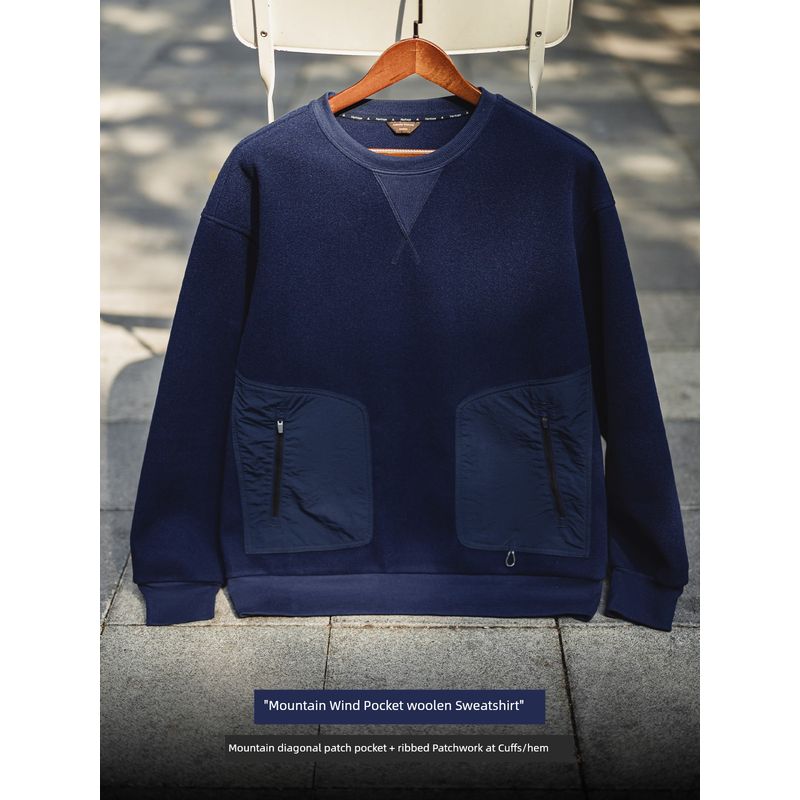 Madden Parka American Retro Heavy Weight Woolen Sweatshirt Loose and Warm Patchwork Pocket round Neck Tops Men's Autumn and Winter
