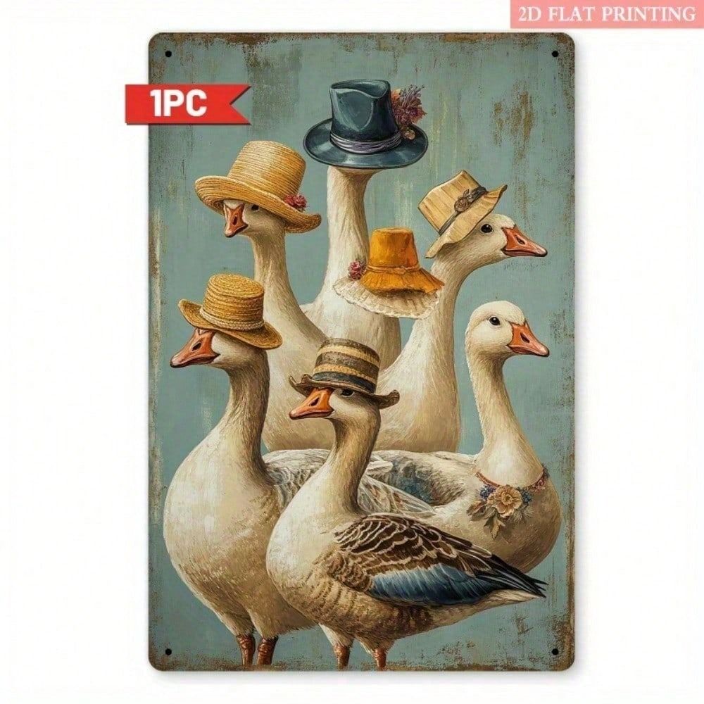 

Metal Poster Vintage Farmhouse Geese Wearing Hats, Wall Art Kitchen Decor