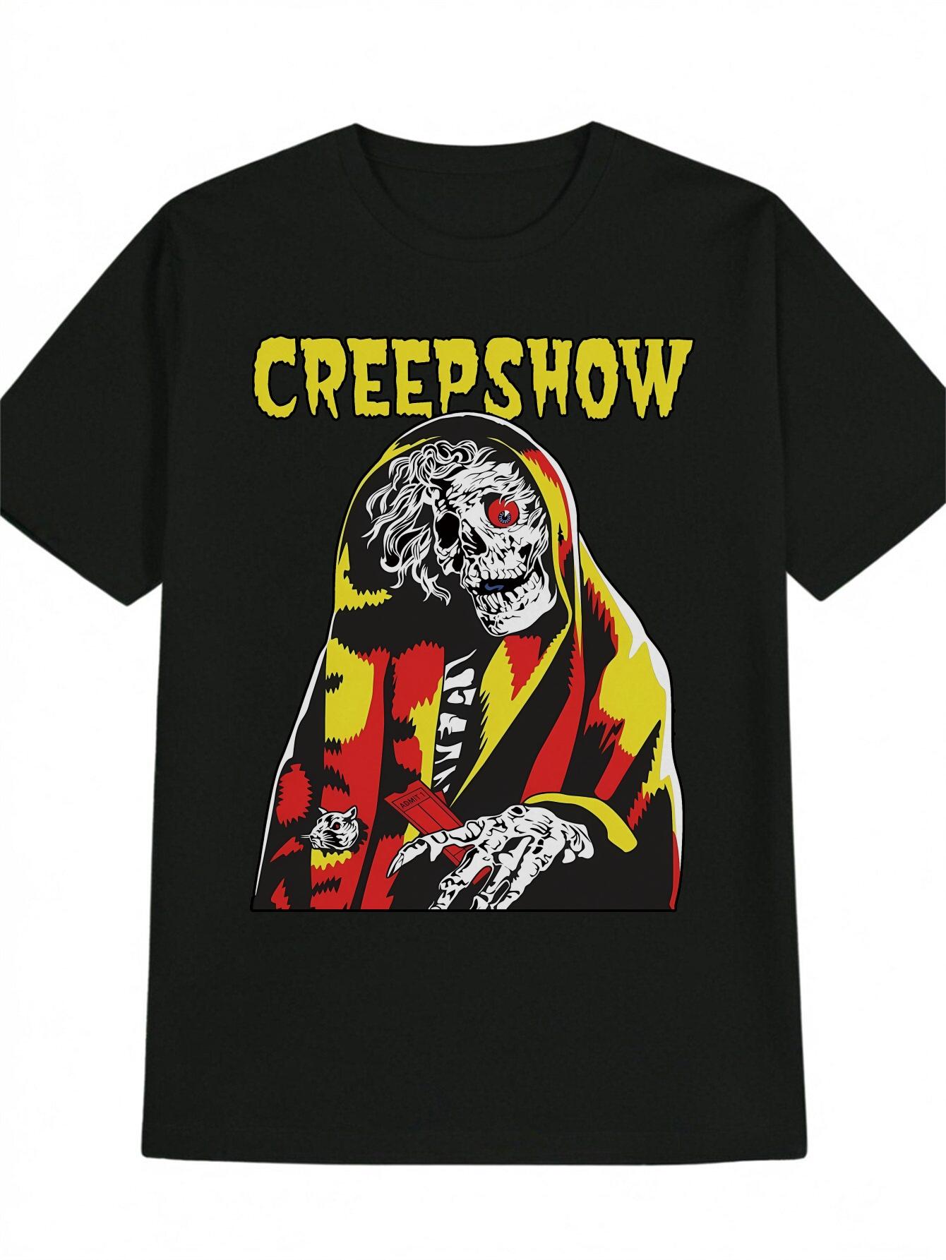 Casual Versatile Round Neck T-shirt Featuring a White Long-Haired Skull Print M