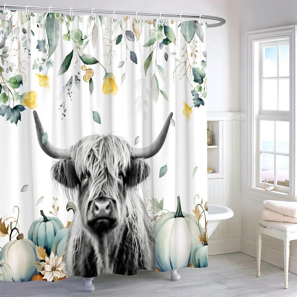 Highland Cow Leaf Pumpkin Shower Curtain Autumn Thanksgiving Gift Watercolour Print Polyester Fabric Bath Curtain Bathroom Decor