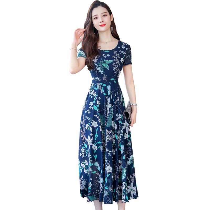Summer Printed Short-sleeved Dress Foreign Style New Early Autumn Women's Clothing Temperament Popular Mother Slim Skirt