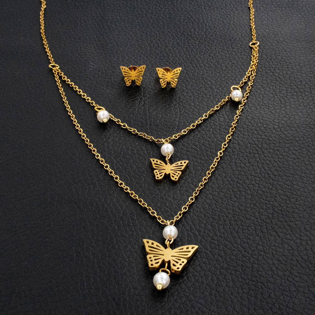 Gold Color Butterfly Stainless Steel Necklace & Stud Earrings Set, Hypoallergenic Luxury Jewelry for Women, Daily Wear To Party