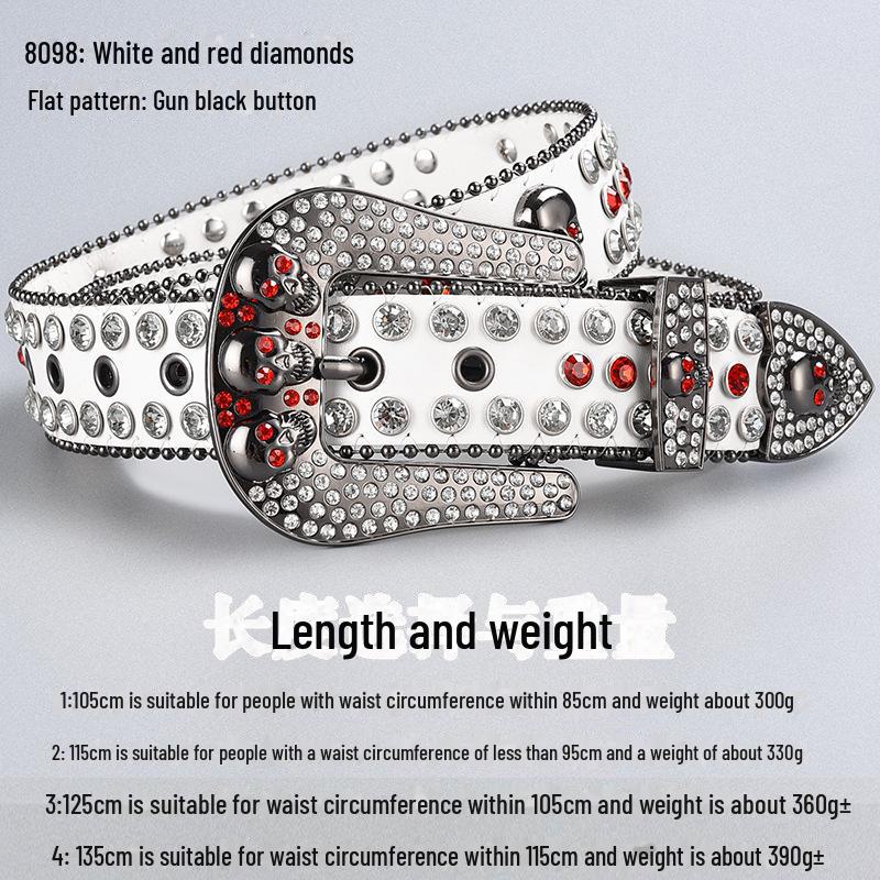 Curea de lux cu cataramă cu strasuri și craniu închis la culoare, cu paiete și diamante