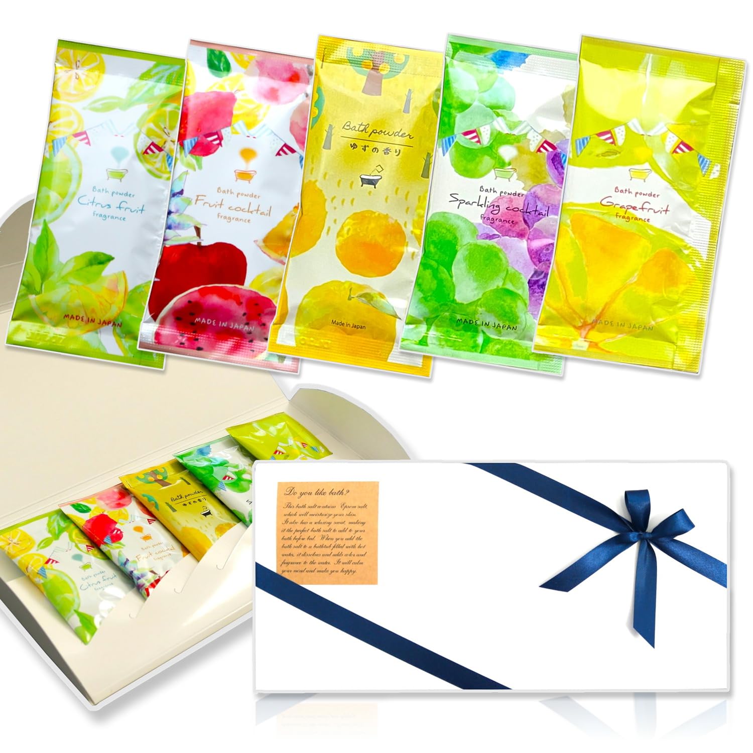 

Bath Salt Gift Fruit Individually 5 with Epsom Salt Japanese-Made Set, Scent, Wrapped, Pieces, Ribbon, White, белый
