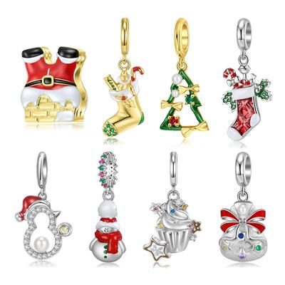 Colgante de calcetines de Navidad de caramelo de campana, cuenta de esmalte plateado de Ley 925 Original, compatible con pulseras con dijes para mujer, fabricación de joyas, dijes para regalo