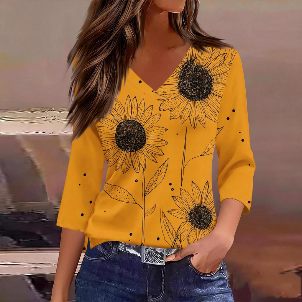 Damen Casual V-Ausschnitt Bluse mit Farbverlauf Blumenprint, geteiltem Saum und 3/4-Ärmeln