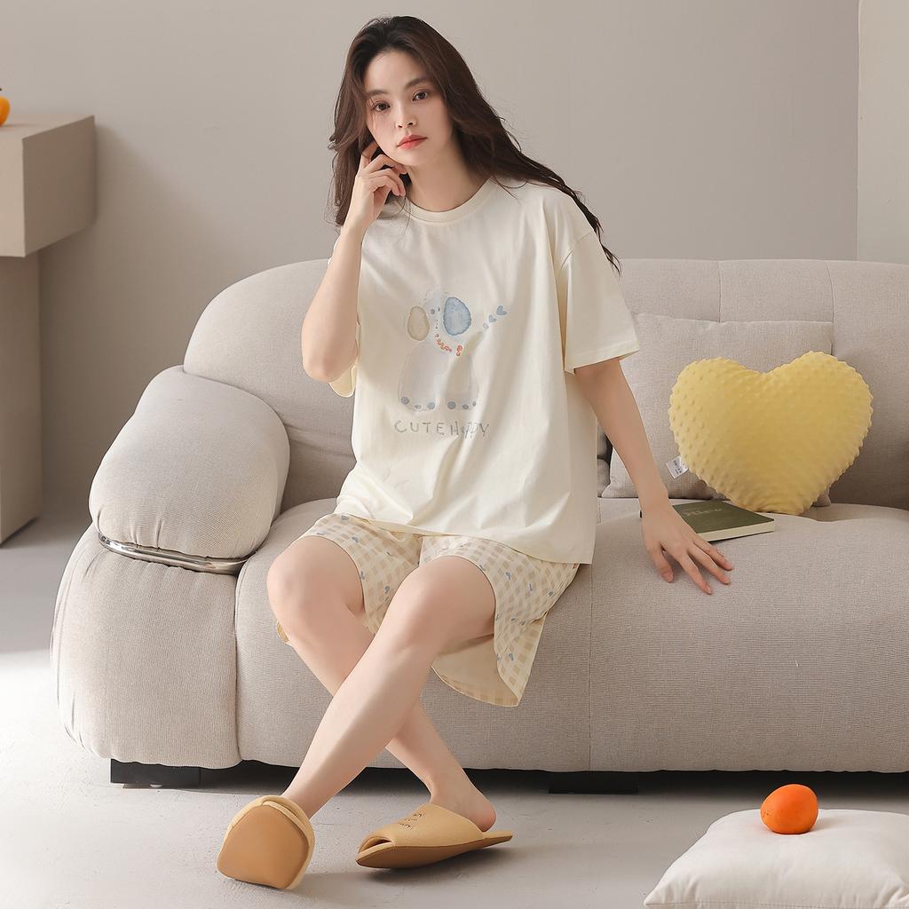 Pure cotton pajamas women's 1011 new summer casual style soft short-sleeved shorts loose and wearable loungewear set