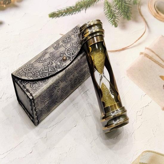 15,24 cm Klepsydra, Mosiężny klepsydra, Mosiężna figurka, Dekoracje domu, Mosiężny kompas, Skórzane etui, Prezent ślubny