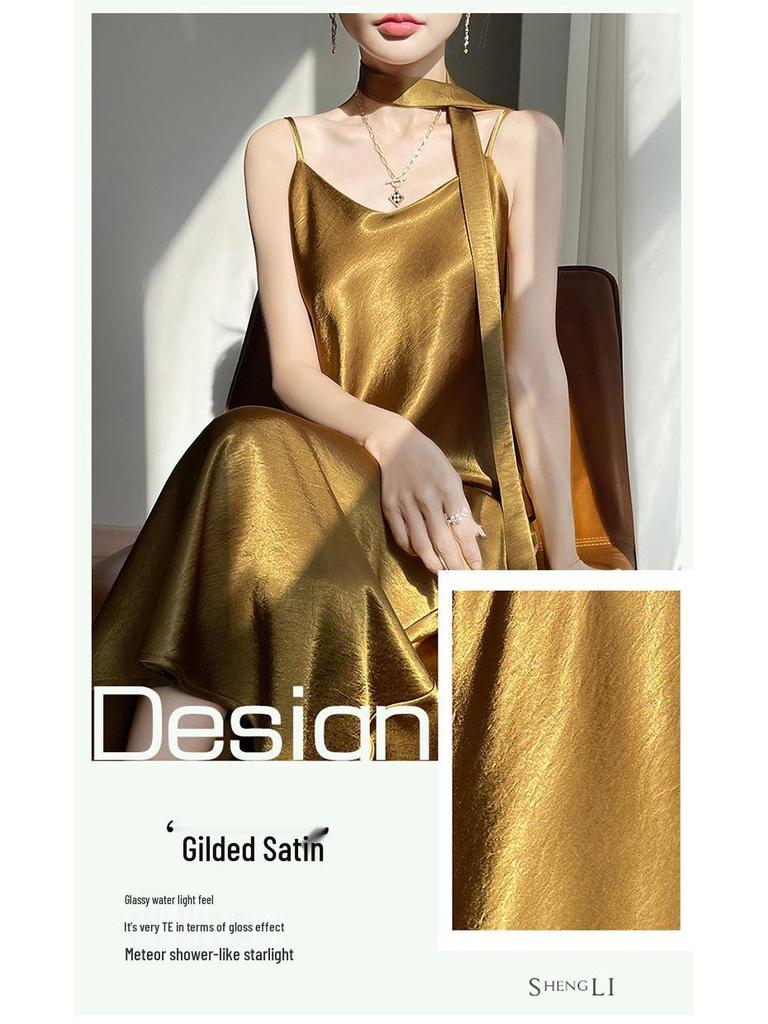 Elegant French V-Neck Spaghetti Strap Satin Dress with Slimming Design