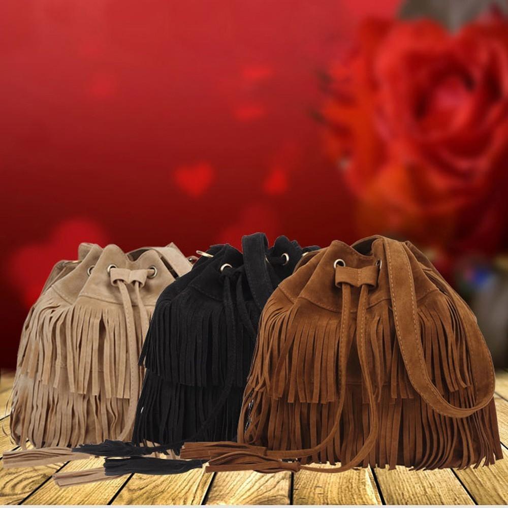 Solid Color Tassels Simple Style Pu Water Bucket Bag Drawstring Closure Travel