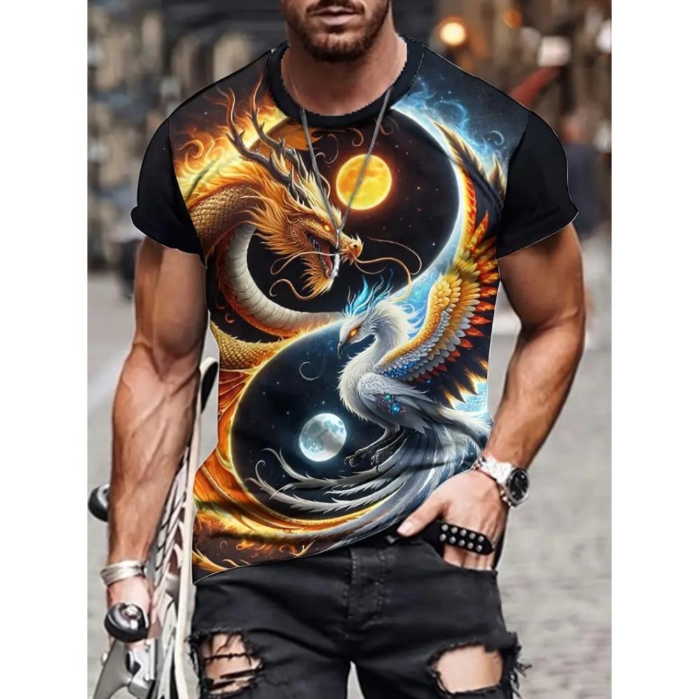 Men's T-shirt Dragon Print T-Shirt Stylish Streetwear Crew Neck T-shirt Outdoor Casual Plus Size Tees Top Women Clothing