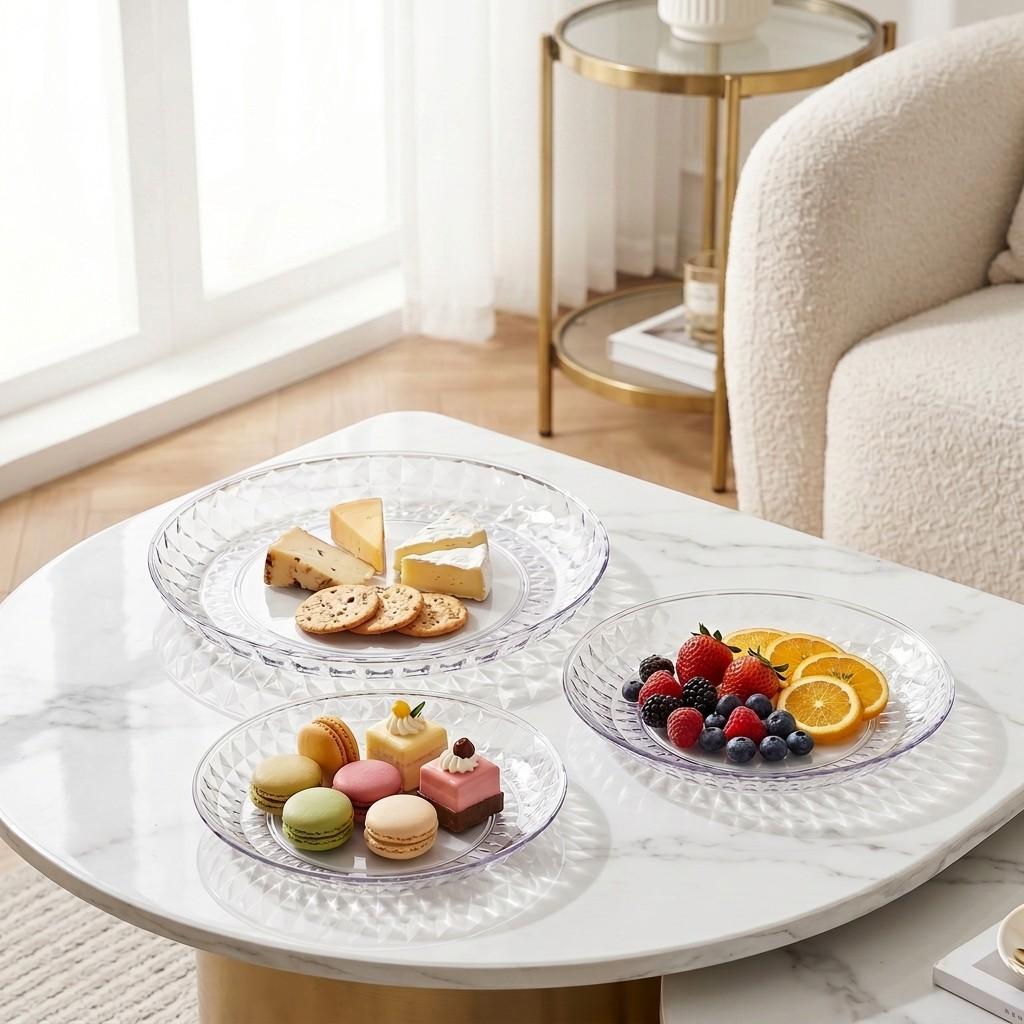 Clear Plastic Serving Tray Round Plates Dinnerware PET Stackable Dessert Food Plate Snack Dish Kitchen Party Tableware