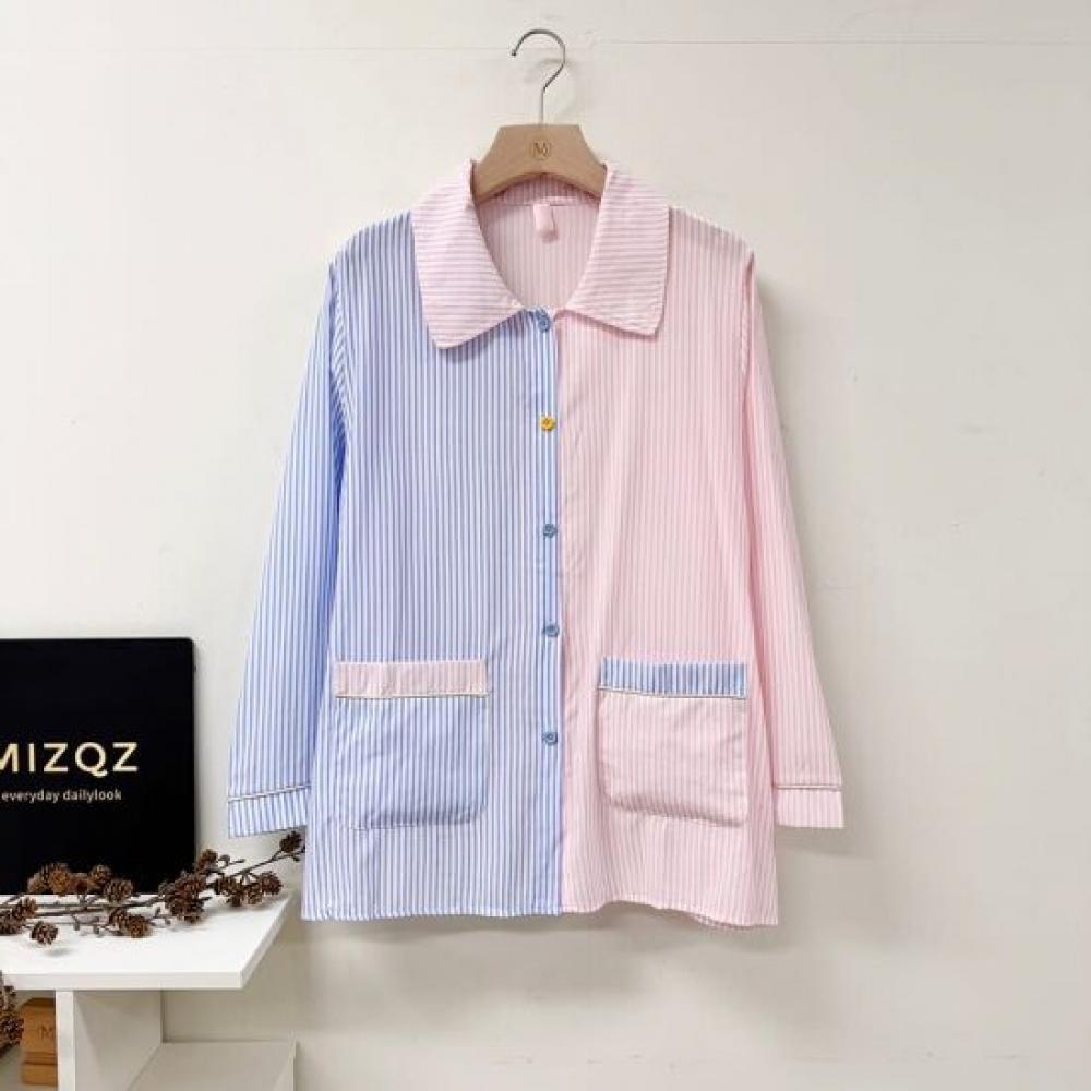 Mizqz Women Stripe Half Half Long Sleeve Pajama Set